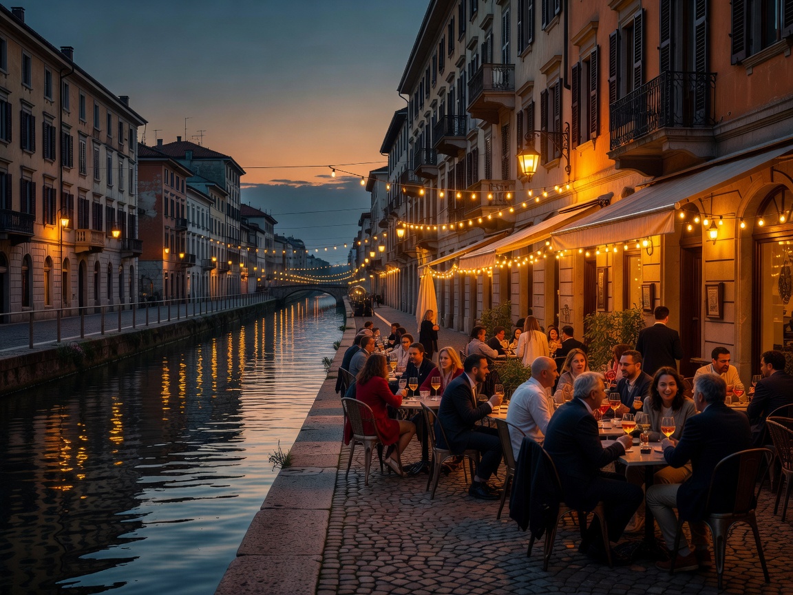 Canal banks in Milan during evening aperitivo hour with lit street terraces