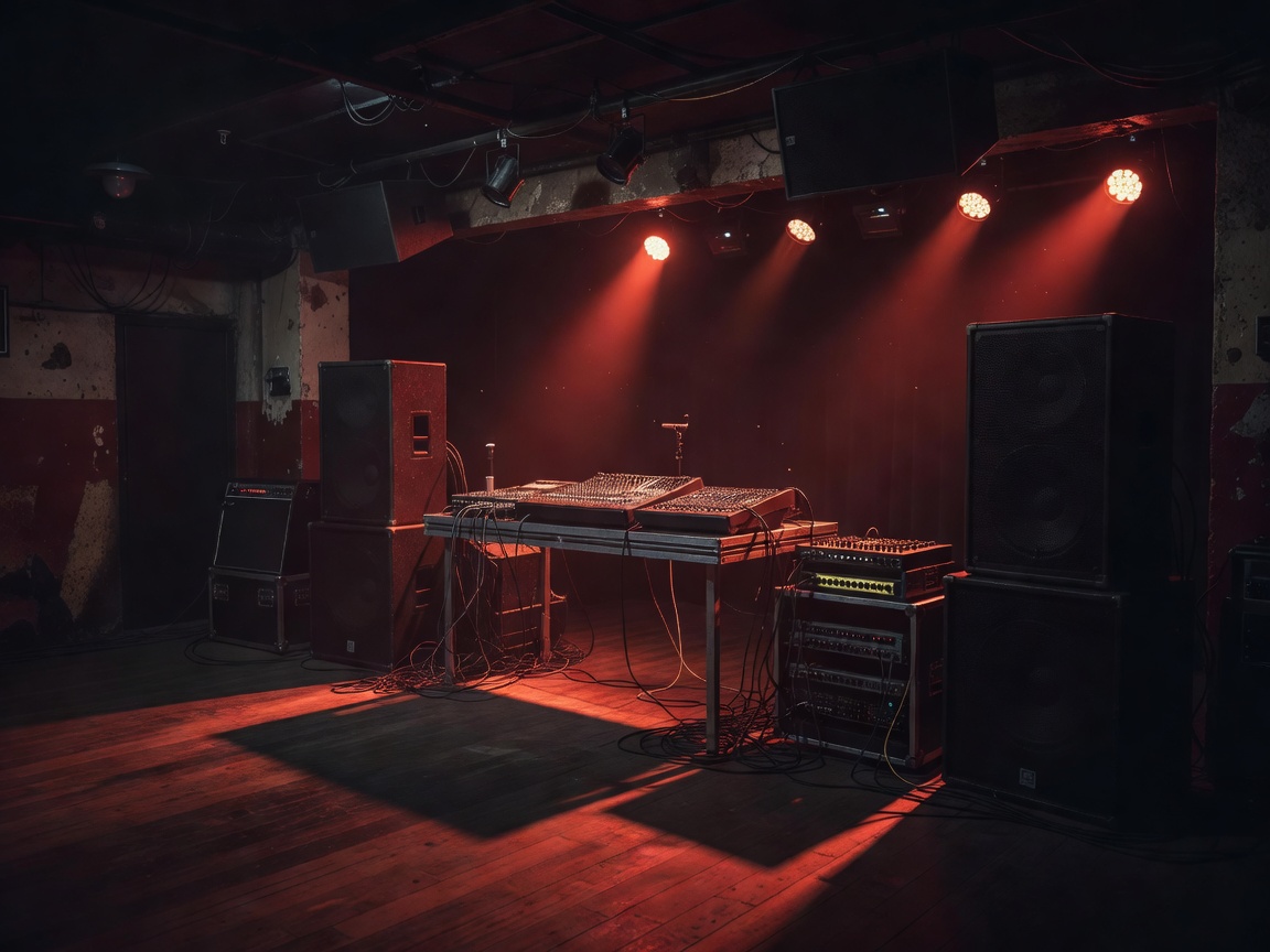 Club stage with audio equipment and moody red spotlighting in an underground venue