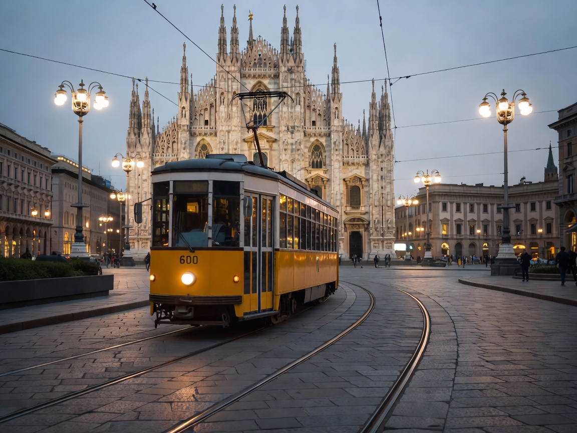 Milanese tram moving along lit tracks in the city centre at dusk