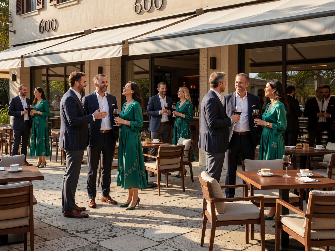 Well-dressed patrons conversing outside a contemporary Italian bar terrace